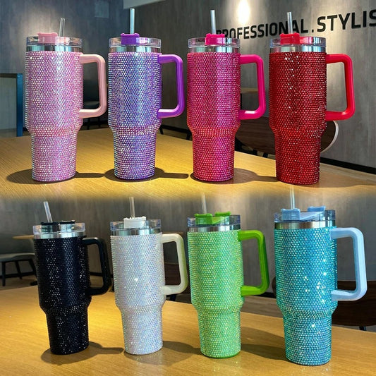 40oz Shiny Diamond Shiny Diamond Tumble Coffee Insulation Cup Stainless Steel Car Bottle Straw Large Capacity Rhinestone Cup ( Random Colors )